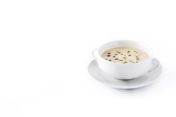 Traditional French vichyssoise soup isolated on white background. Copyspace