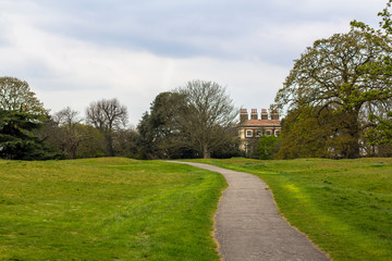The trail in Greenwich Park, Path among green meadows and trees. Estate in the depths of the park.