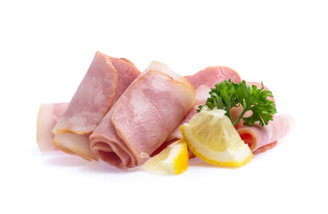 Fresh sliced bacon on white background