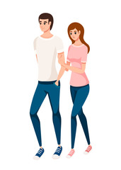 Happy young couple walk together. Cartoon character design. Flat vector illustration isolated on white background