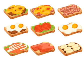 Various icon collection of meat and vegetable sandwiches. One piece of bread. Sweet tasty breakfast or fast food. Flat vector illustration isolated on white background
