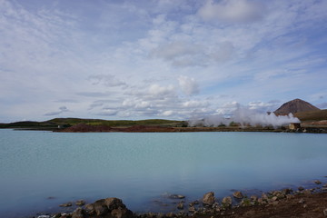 Blue lake and Bjarnaflag station on Iceland