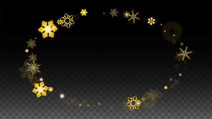 Christmas  Vector Background with Gold Falling Snowflakes Isolated on Transparent Background. Realistic Snow Sparkle Pattern. Snowfall Overlay Print. Winter Sky. Design for Party Invitation.