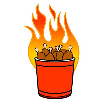 Bucket of Hot Wings - A cartoon illustration of a flaming bucket of Hot Wings.