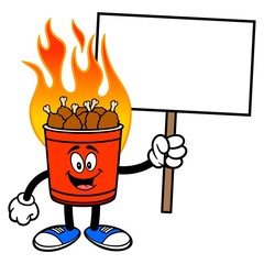 Hot Wing Bucket Mascot with Sign - A cartoon illustration of a flaming Hot Wing Bucket Mascot.