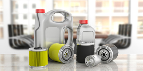 Motor fuel and oil filters and engine oil canisters, blur business background. 3d illustration