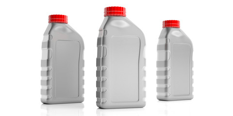 Motor oil bottles no label isolated against white background. 3d illustration