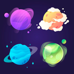Set of fantasy cartoon planets in space. Vector illustration. Colorful planets. Isolated. EPS 10.