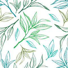 Floral seamless pattern with tea leaves in sketch style. Hand drawn tea leaves background. Vector illustration on white. For textile, paper, decoration and wrapping