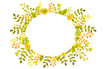 Watercolor illustration with the image frames from flowers, twigs and leaves, green and orange, for the design of banners, posters, invitations, greetings, prints, weddings. On a white background