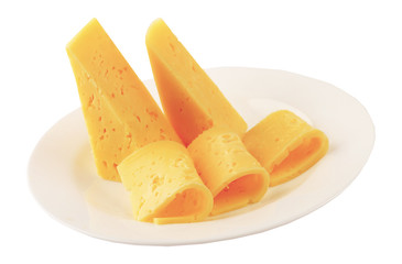 Cheese slice isolated on white background cutout on a plate