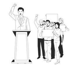 man making a speech and audience with signboard