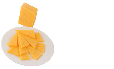 Cheese slice isolated on white background cutout on a plate