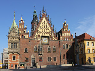 Fototapeta na wymiar The Town Hall on the Market Square in Wrocław, Poland (Rynek we Wrocławiu, Großer Ring zu Breslau) is a medieval market square in Wrocław