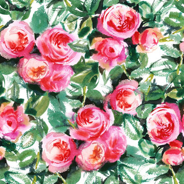 pattern with a lot of watercolor red roses 