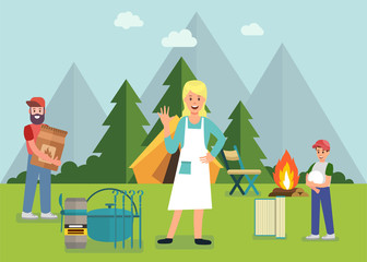 Family Picnic in Forest with BBQ Grill Ad Banner