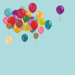 Colorful party balloons flying up. Vector illustration on light blue background