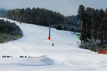 Skiers on the piste among white snow covered trees and landscape.