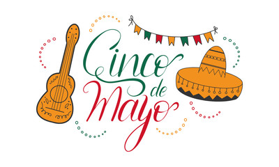 Cinco de Mayo in Mexico. Handwriting lettering. Style calligraphy for traditional Mexican holiday. Doodle with guitar, sombrero, flags and other elements. Happy festive party. Vector illustration