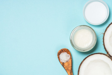 Coconut oil, natural cosmetic flat lay.