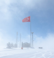 Turkish flag waving in cloudy blue sky. TURKEY