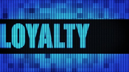 Customer Loyalty Front Text Scrolling on Light Blue Digital LED Display Board Pixel Light Screen Looped Animation 4K Background. Sign Board , Blinking Light, Pixel Monitor, LED Wall Pannel