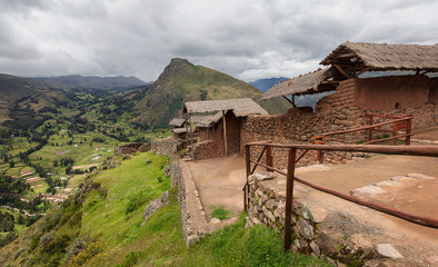 View on part of ruins of inca village.  Sacred Valley, Pisac.  Cusco. Andes. Peru. Autumn landscape