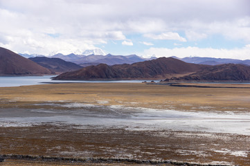 Fototapeta na wymiar Tibetan landscape near holy lake Yamdrok with snowy mountains in the background- Tibet