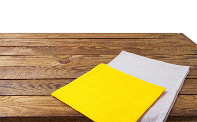 napkins on empty wooden table, food and drink concept isolated on white background