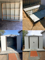 Combination of four images from base frame to completed 8x6ft metal shed on a raised foundation
