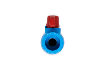 Blue PVC pipe turn on red valve isolated.