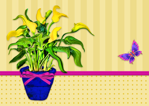 Graphic Illustration Background of a bright yellow calla lily plant.  Abstract efects on flowers and a background with muted yellow/gold stripes and polka dot pattern. Faux ribbon/bow/butterfly