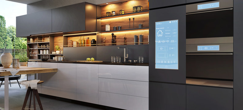 Smart home control panel in a modern kitchen