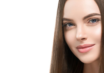 Obraz premium Beautiful hair smooth long brunette beauty woman healthy hairstyle young happy female model isolated on white