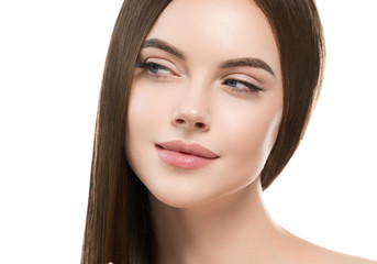 Fototapeta premium Beautiful hair smooth long brunette beauty woman healthy hairstyle young happy female model isolated on white