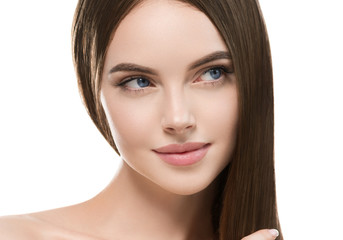 Fototapeta premium Beautiful hair smooth long brunette beauty woman healthy hairstyle young happy female model isolated on white