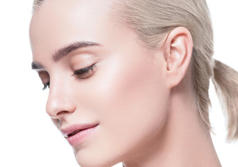 Naklejka premium Healthy skin woman face blonde natural makeup womanbeauty skin care isolated on white