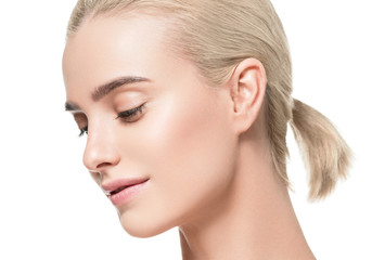 Healthy skin woman face blonde natural makeup womanbeauty skin care isolated on white