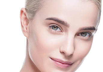Fototapeta premium Healthy skin woman face blonde natural makeup womanbeauty skin care isolated on white