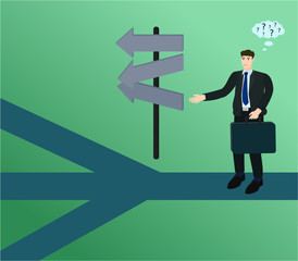 Businessman standing at crossroad and confuse to choose choice way