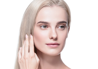Fototapeta premium Beautiful hair woman blonde long hairstyle beauty healthy skin face closeup