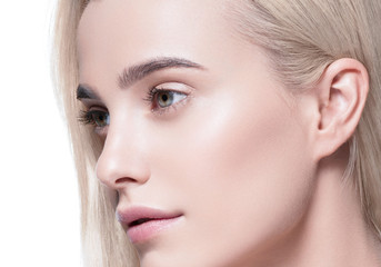 Fototapeta premium Beautiful hair woman blonde long hairstyle beauty healthy skin face closeup