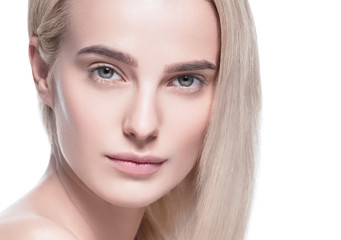 Fototapeta premium Beautiful hair woman blonde long hairstyle beauty healthy skin face closeup