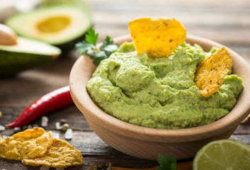 Homemade guacamole dip in the bowl