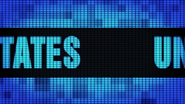 United States Front Text scrolling on Light Blue Digital LED Display Board Pixel Light Screen Looped Animation 4K background. Sign Board , Blinking Light, Pixel Monitor, LED Wall Pannel