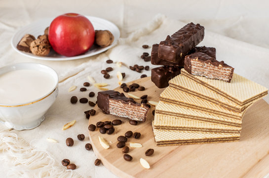 Chocolate caramel cracker, nuts, kefir, Apple
