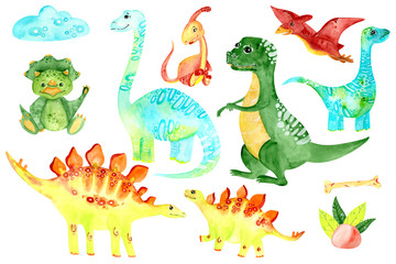 Watercolor Baby Dinosaurs . Childish set isolated on a White Background Hand Drawn Illustration.  Illustration for kindergarten, wallpaper, cards, invitations, design.