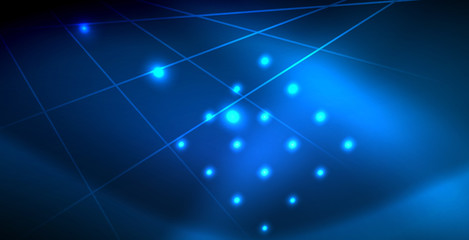 Obraz premium Neon glowing techno lines, blue hi-tech futuristic abstract background template with lights
