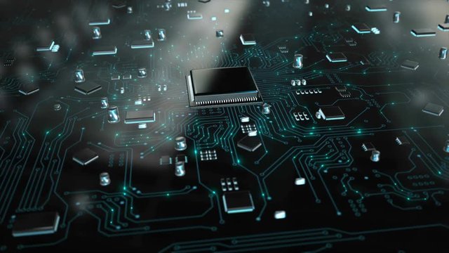 3D Render animation of AI Artificial intelligence in CPU chipset central processor unit and electric print circuit board with data traffic light on dark and grain processed