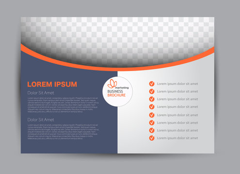 Grey And Orange Landscape Wide Flyer Or Brochure Template. Billboard Abstract Background Design. Business, Education, Presentation, Advertisement Concept. Vector Illustration.